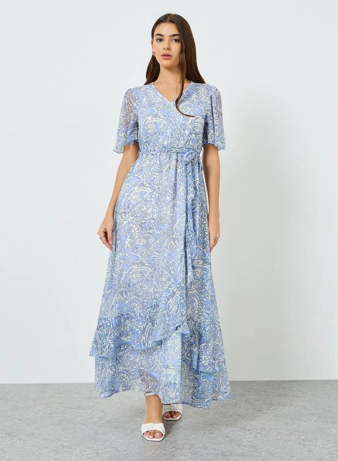 Styli Women Blue Paisley Print Chiffon Wrap Maxi Dress